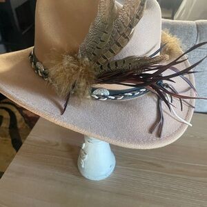 Tan Western Cowboy Hat with Feather and Silver Accents